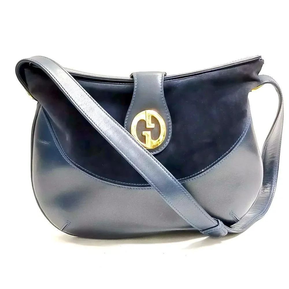 Auth Vintage Gucci Navy Blue Leather Suede Shoulder Bag Preloved Purse Old Gucci